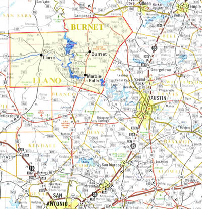 Maps of the Highland Lakes Region of the Texas Hill Country - Llano - Marble Falls - Burnet - Escape the the Lakes and Hills